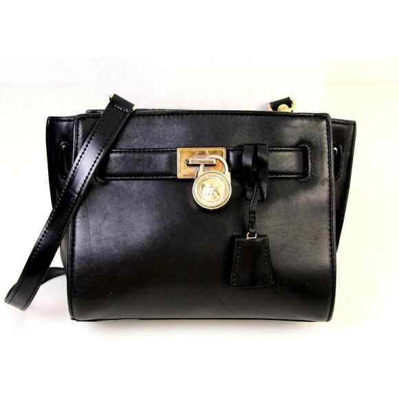 Michael Kors BLACK GENUINE LEATHER BELT PADLOCK KEY SATCHEL SHOULDER BAG HANDBAG - Picture 1 of 10